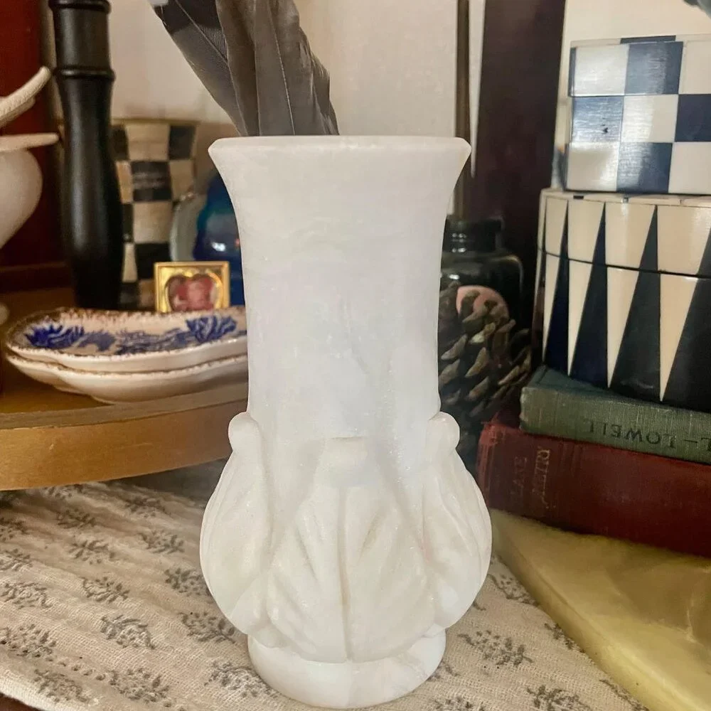 Vintage Hand-Carved Alabaster Vase Creamy White Stone Decorative Urn Leaf Design - Picture 3 of 10